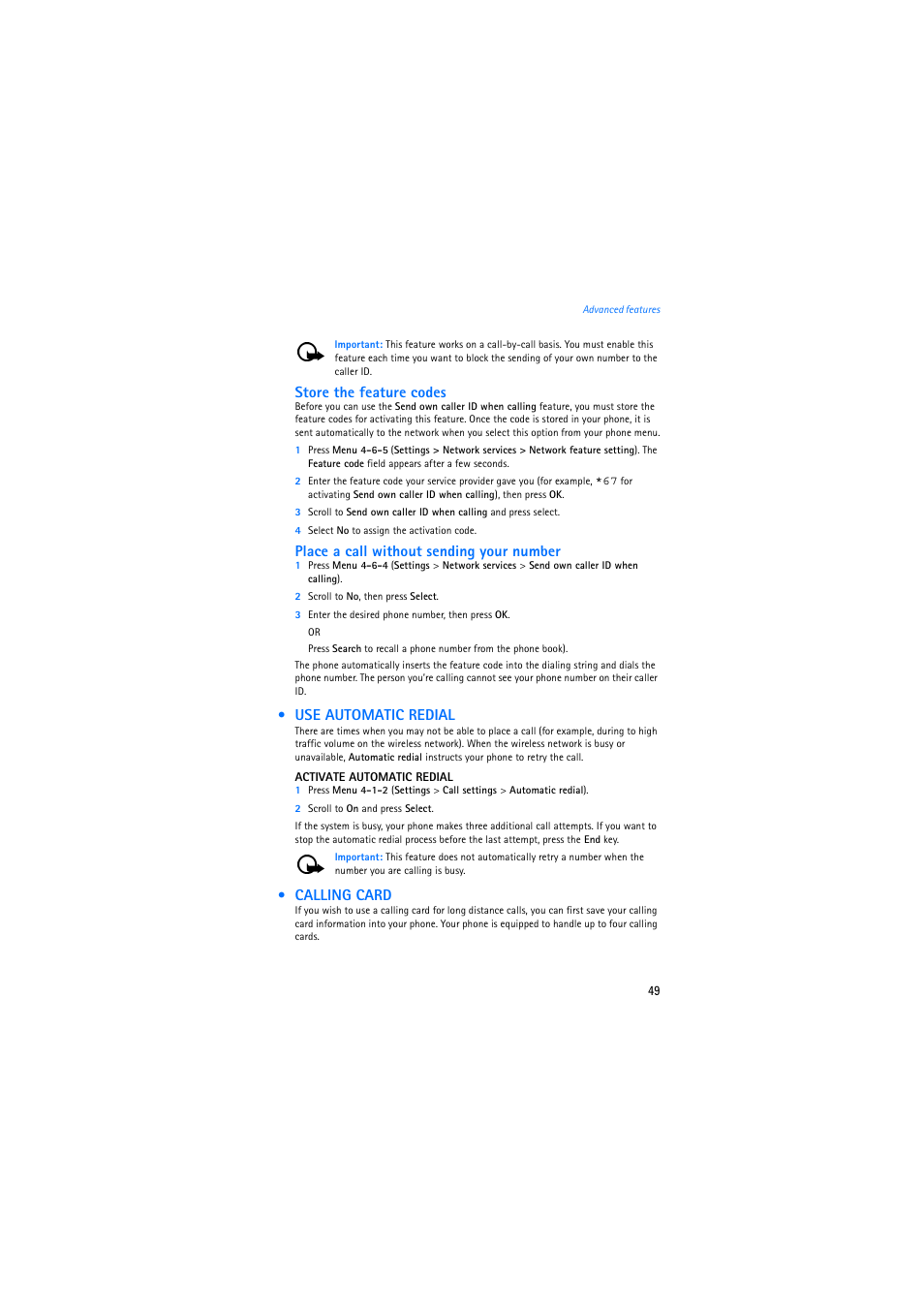 Use automatic redial, Calling card, Store the feature codes | Place a call without sending your number | Nokia 2275 User Manual | Page 49 / 87