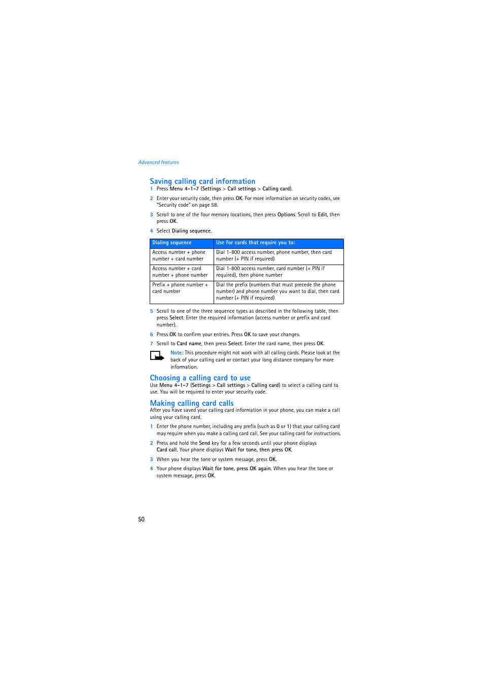 Saving calling card information, Choosing a calling card to use, Making calling card calls | Nokia 2275 User Manual | Page 50 / 87