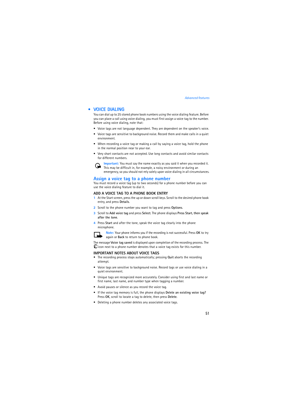 Voice dialing, Assign a voice tag to a phone number | Nokia 2275 User Manual | Page 51 / 87