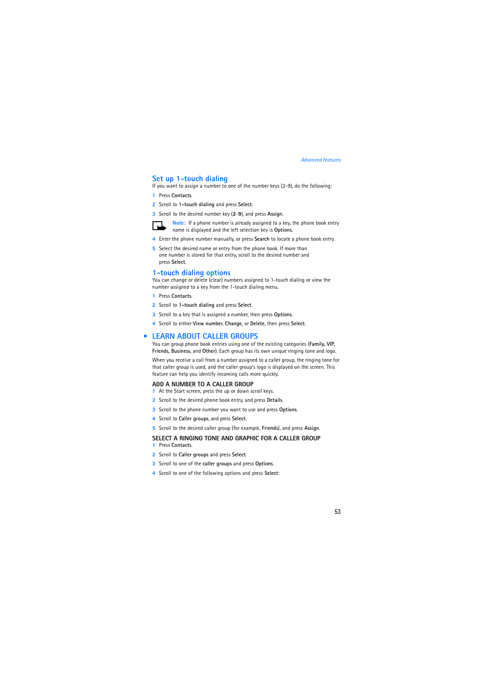 Learn about caller groups, Set up 1-touch dialing, Touch dialing options | Nokia 2275 User Manual | Page 53 / 87