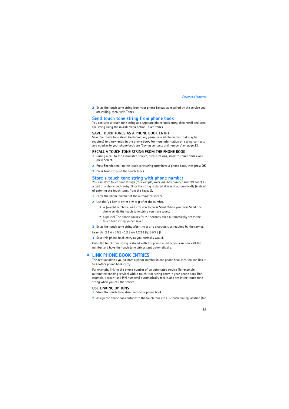 Link phone book entries, Send touch tone string from phone book, Store a touch tone string with phone number | Nokia 2275 User Manual | Page 55 / 87