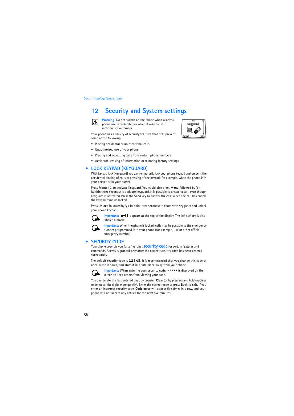 12 security and system settings, Lock keypad (keyguard), Security code | Nokia 2275 User Manual | Page 58 / 87