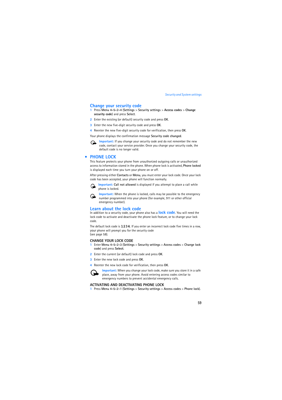 Phone lock, Change your security code, Learn about the lock code | Nokia 2275 User Manual | Page 59 / 87