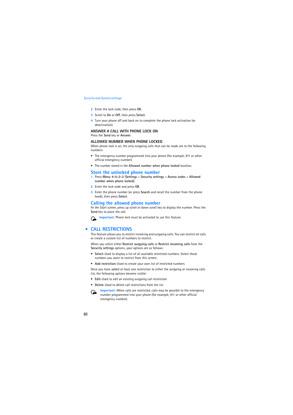 Call restrictions, Store the unlocked phone number, Calling the allowed phone number | Nokia 2275 User Manual | Page 60 / 87