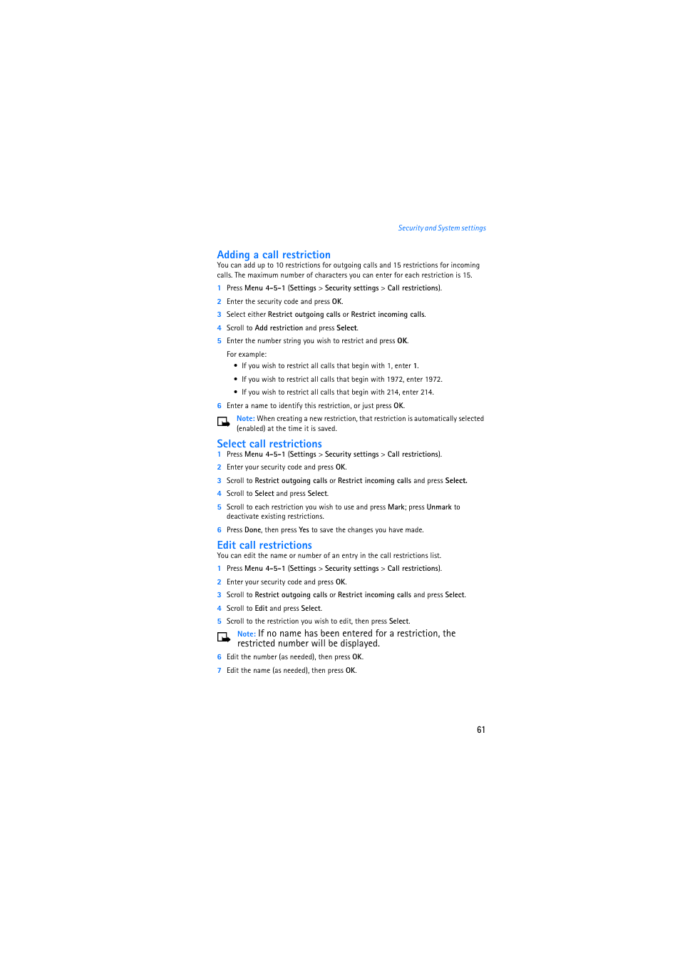 Adding a call restriction, Select call restrictions, Edit call restrictions | Nokia 2275 User Manual | Page 61 / 87