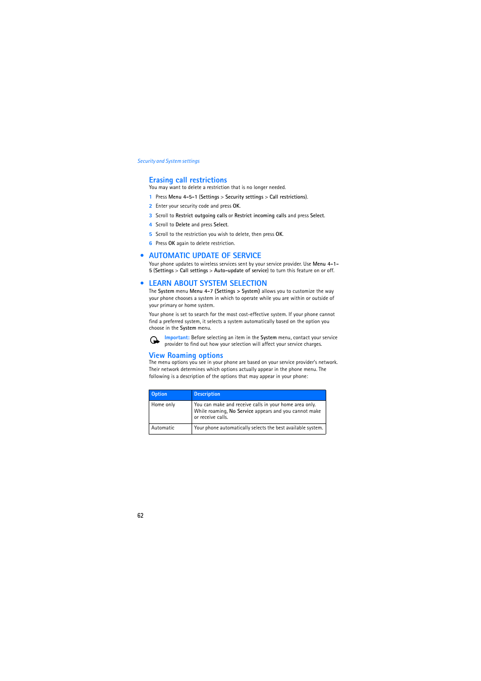 Automatic update of service, Learn about system selection | Nokia 2275 User Manual | Page 62 / 87