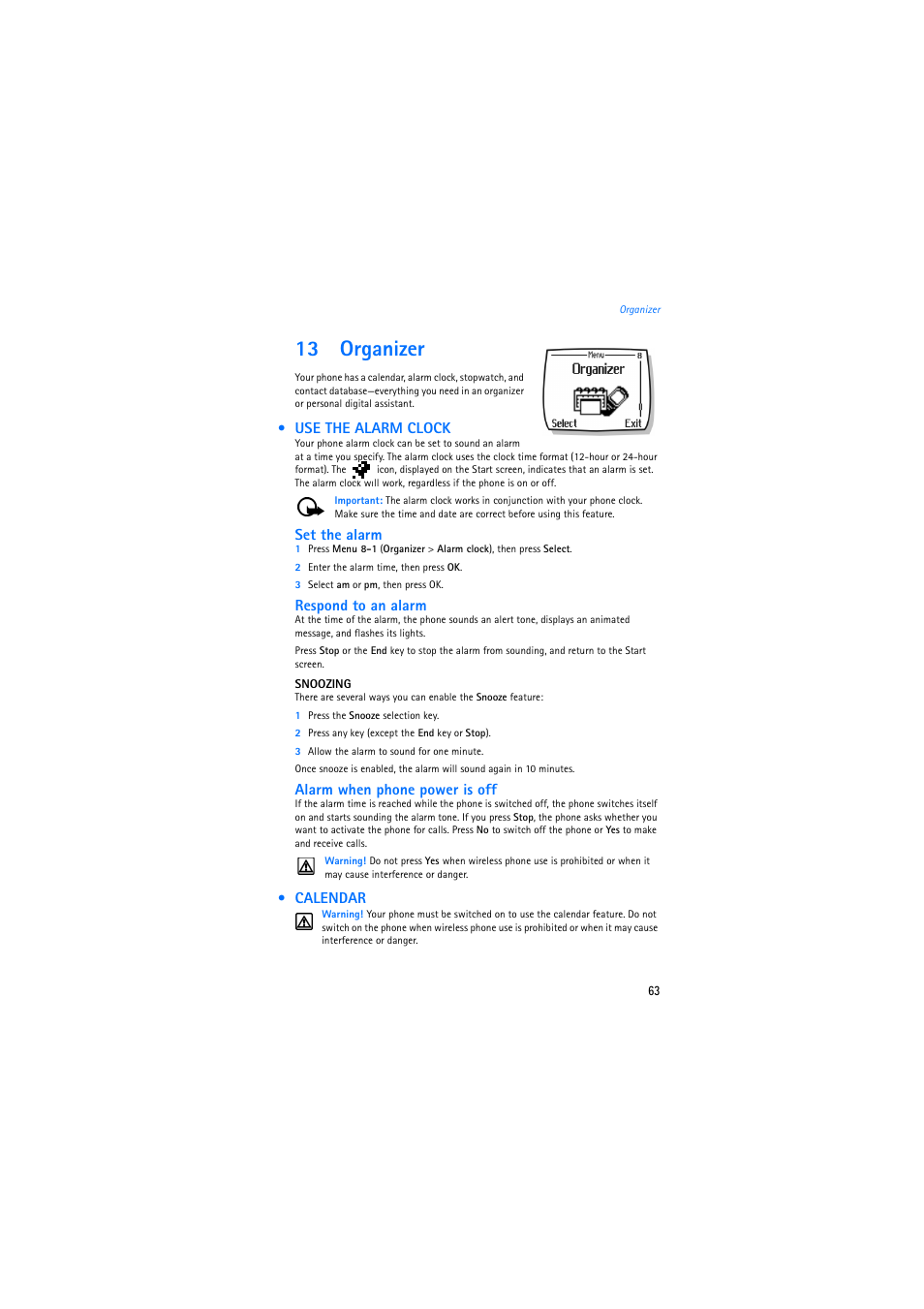 13 organizer, Use the alarm clock, Calendar | See “use the alarm clock” on | Nokia 2275 User Manual | Page 63 / 87