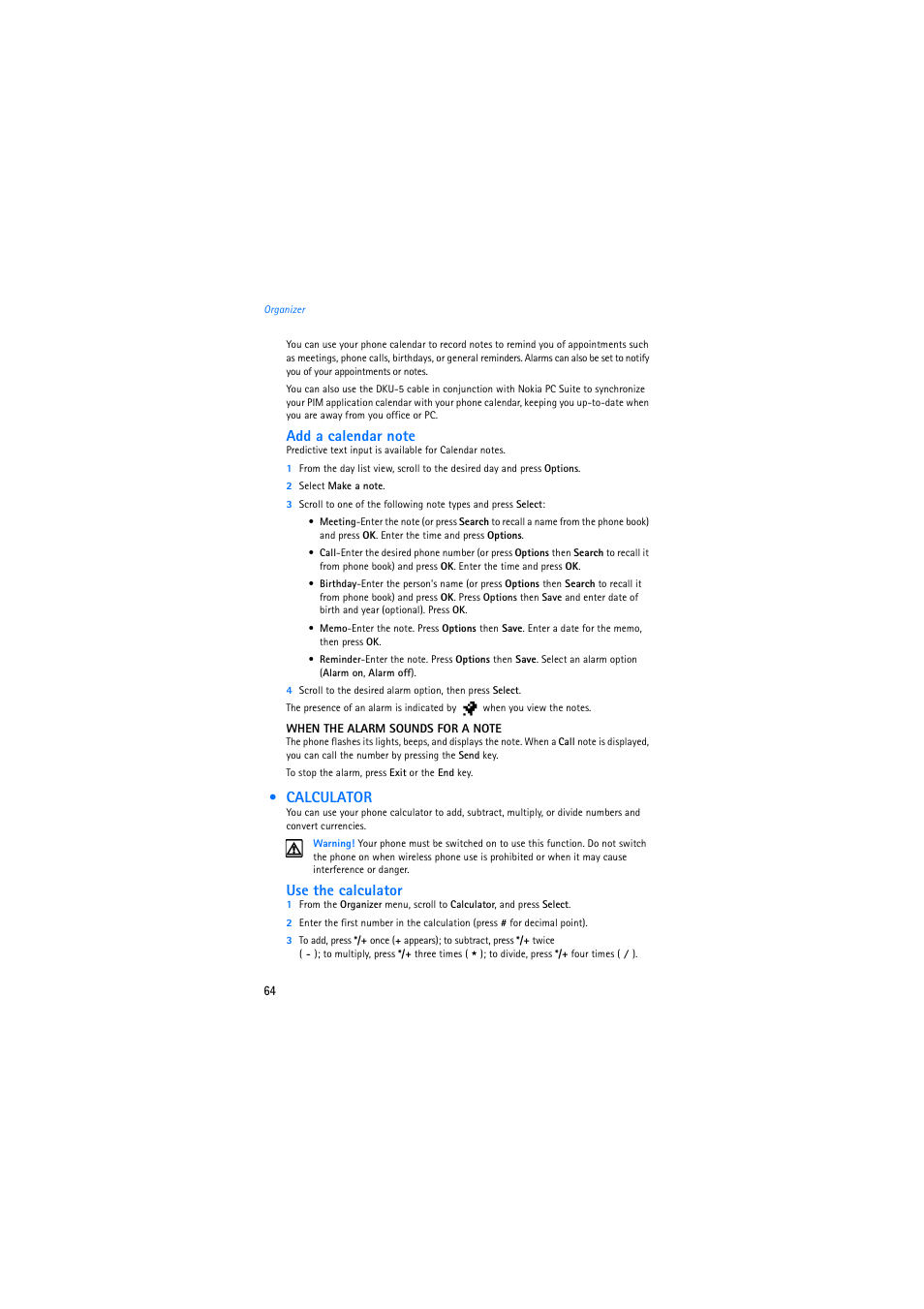 Calculator, Use the calculator | Nokia 2275 User Manual | Page 64 / 87