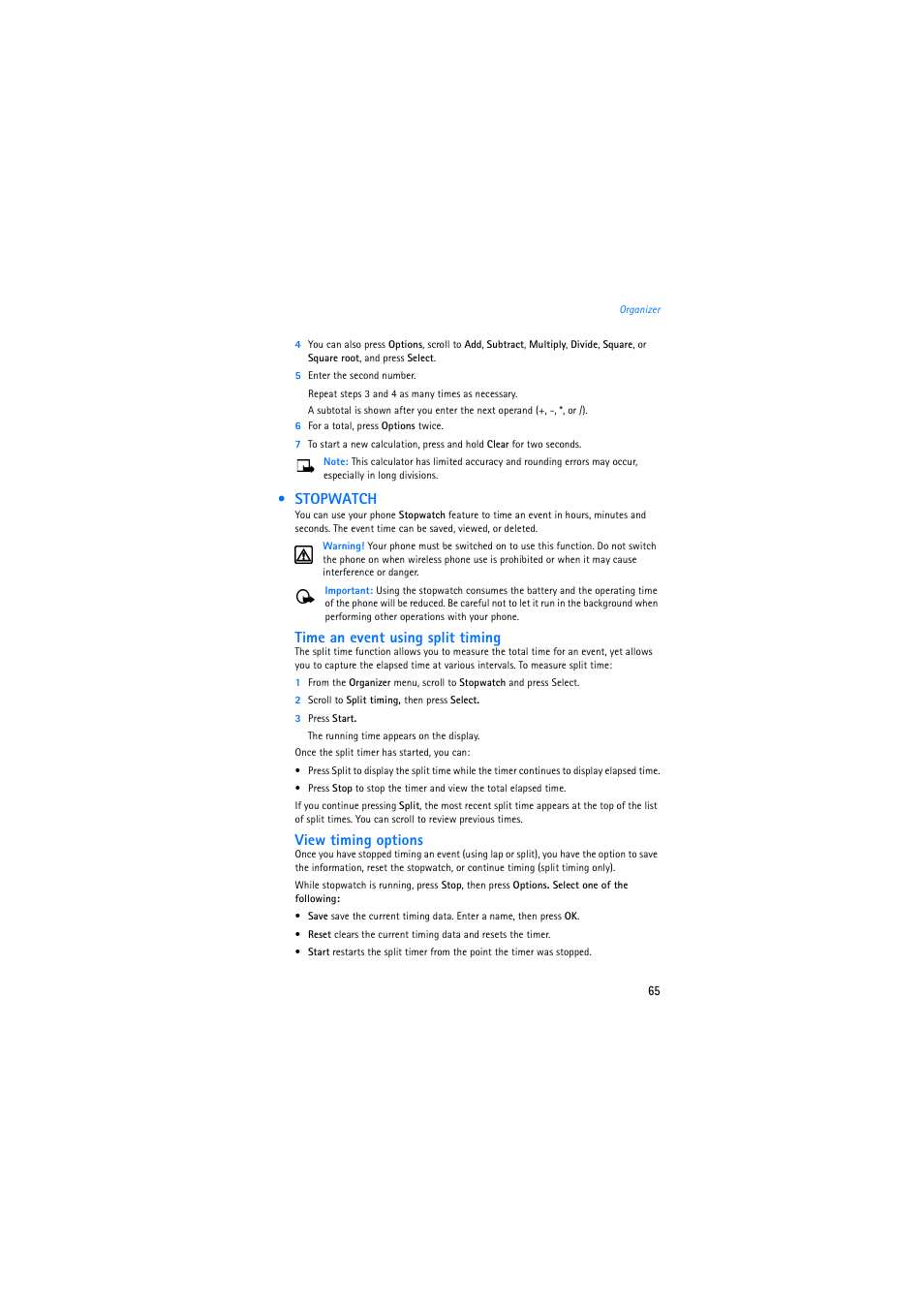 Stopwatch, Time an event using split timing, View timing options | Nokia 2275 User Manual | Page 65 / 87