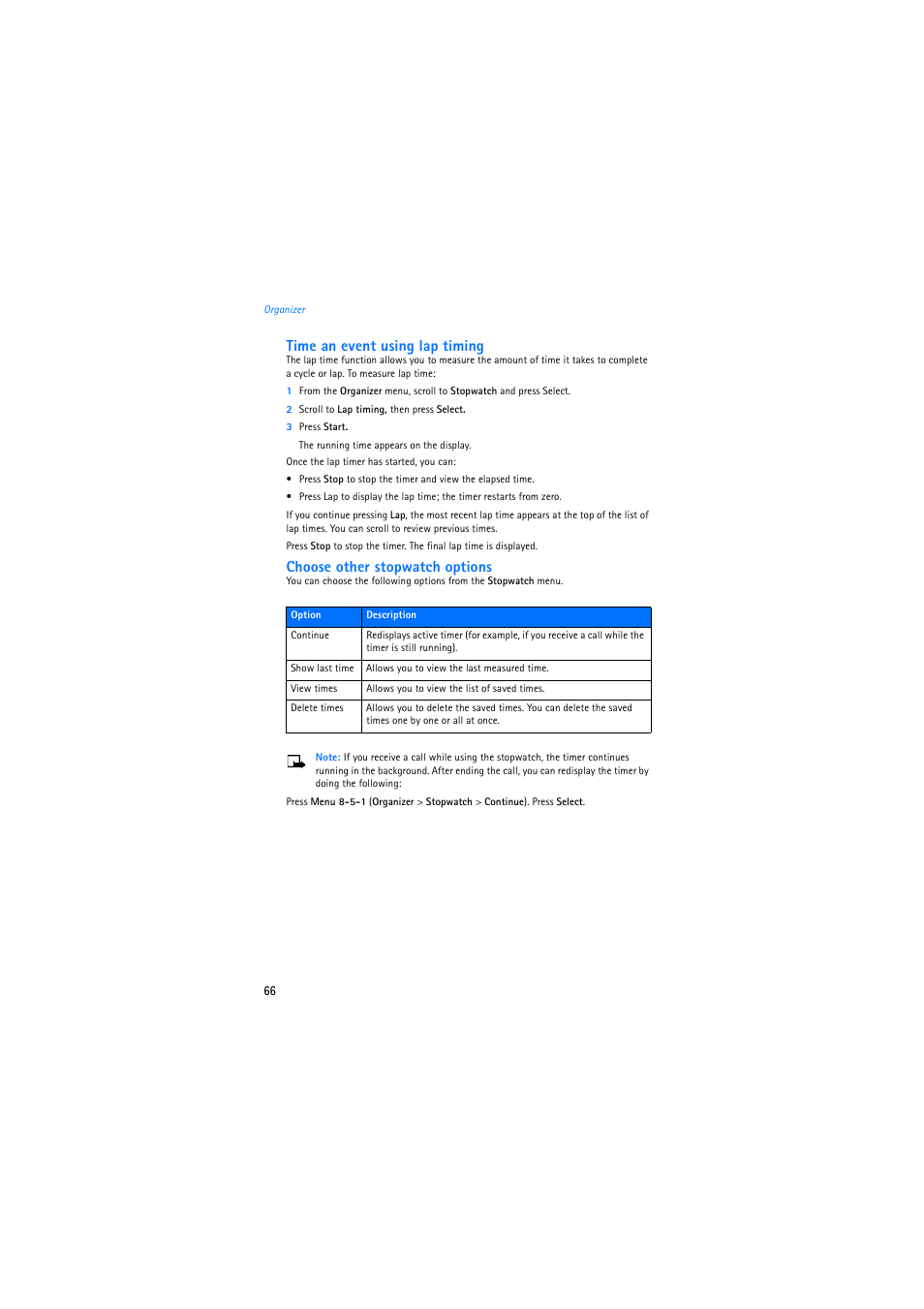 Time an event using lap timing, Choose other stopwatch options | Nokia 2275 User Manual | Page 66 / 87