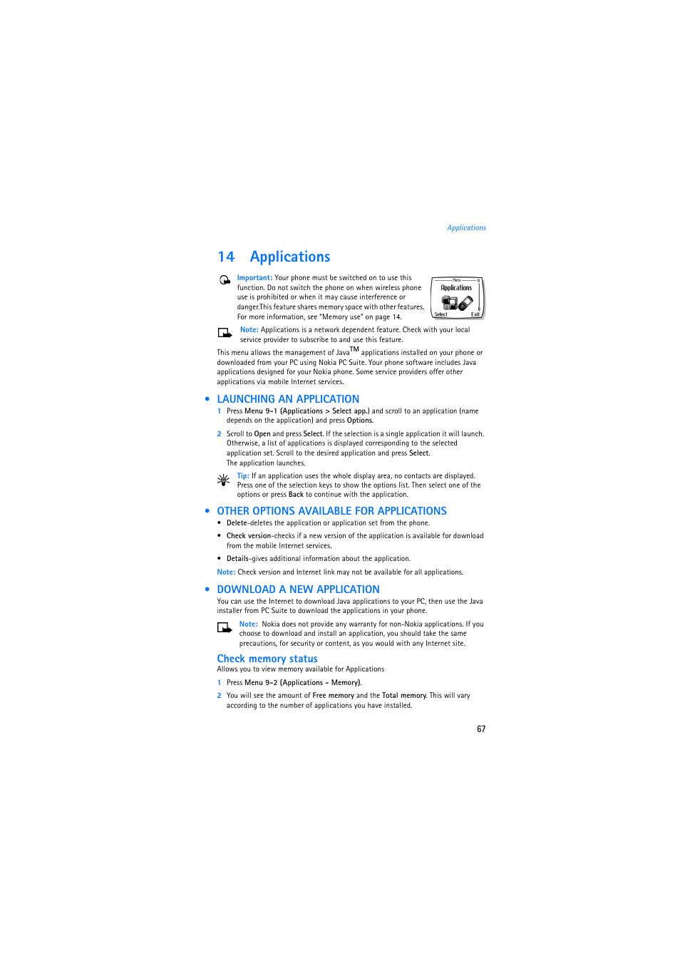 14 applications, Launching an application, Other options available for applications | Download a new application | Nokia 2275 User Manual | Page 67 / 87