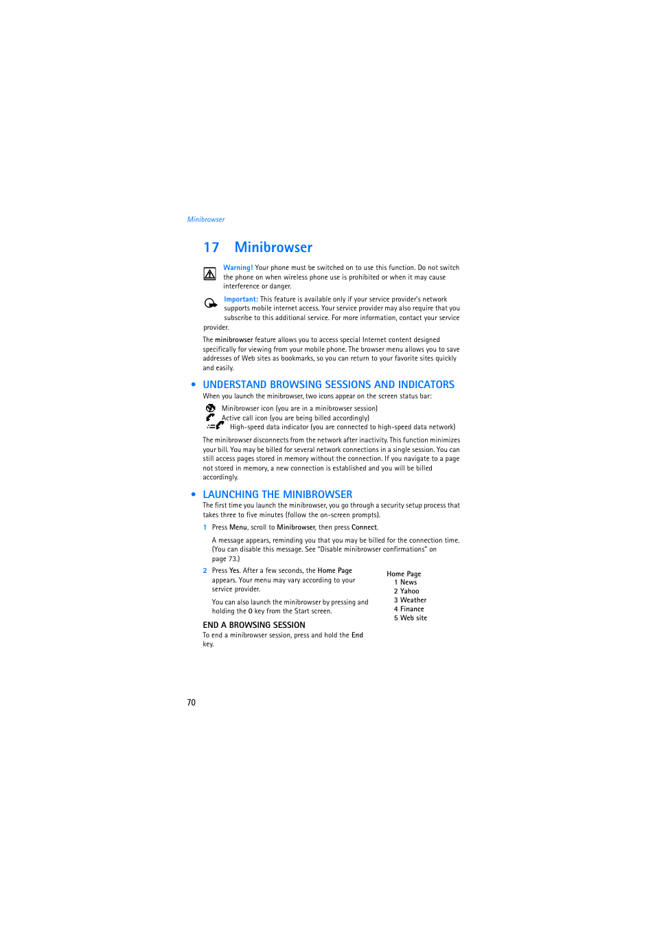 17 minibrowser, Understand browsing sessions and indicators, Launching the minibrowser | Nokia 2275 User Manual | Page 70 / 87