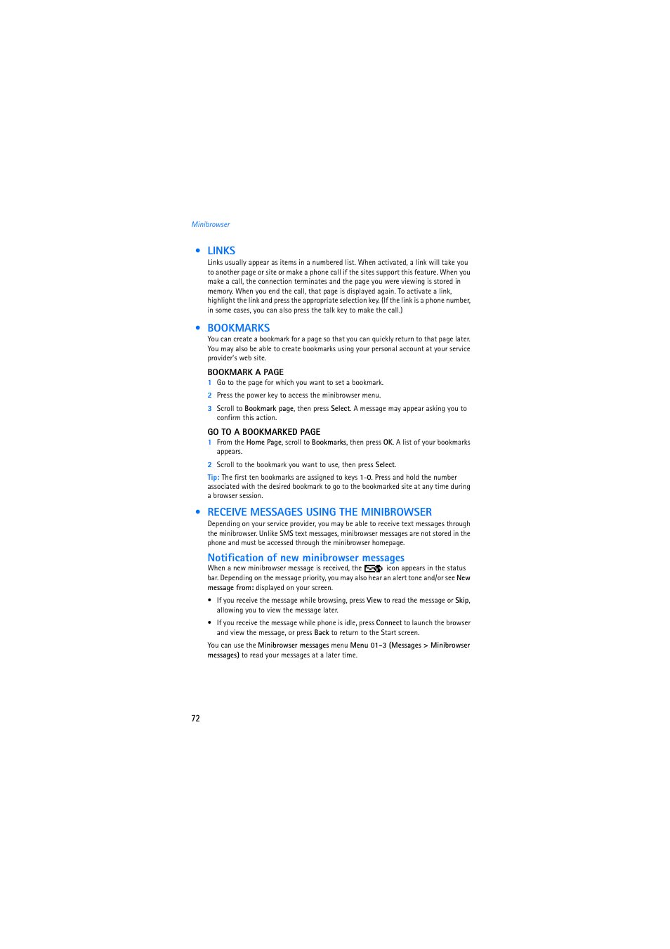 Links, Bookmarks, Receive messages using the minibrowser | Nokia 2275 User Manual | Page 72 / 87