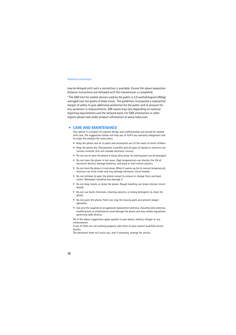 Care and maintenance | Nokia 2275 User Manual | Page 78 / 87