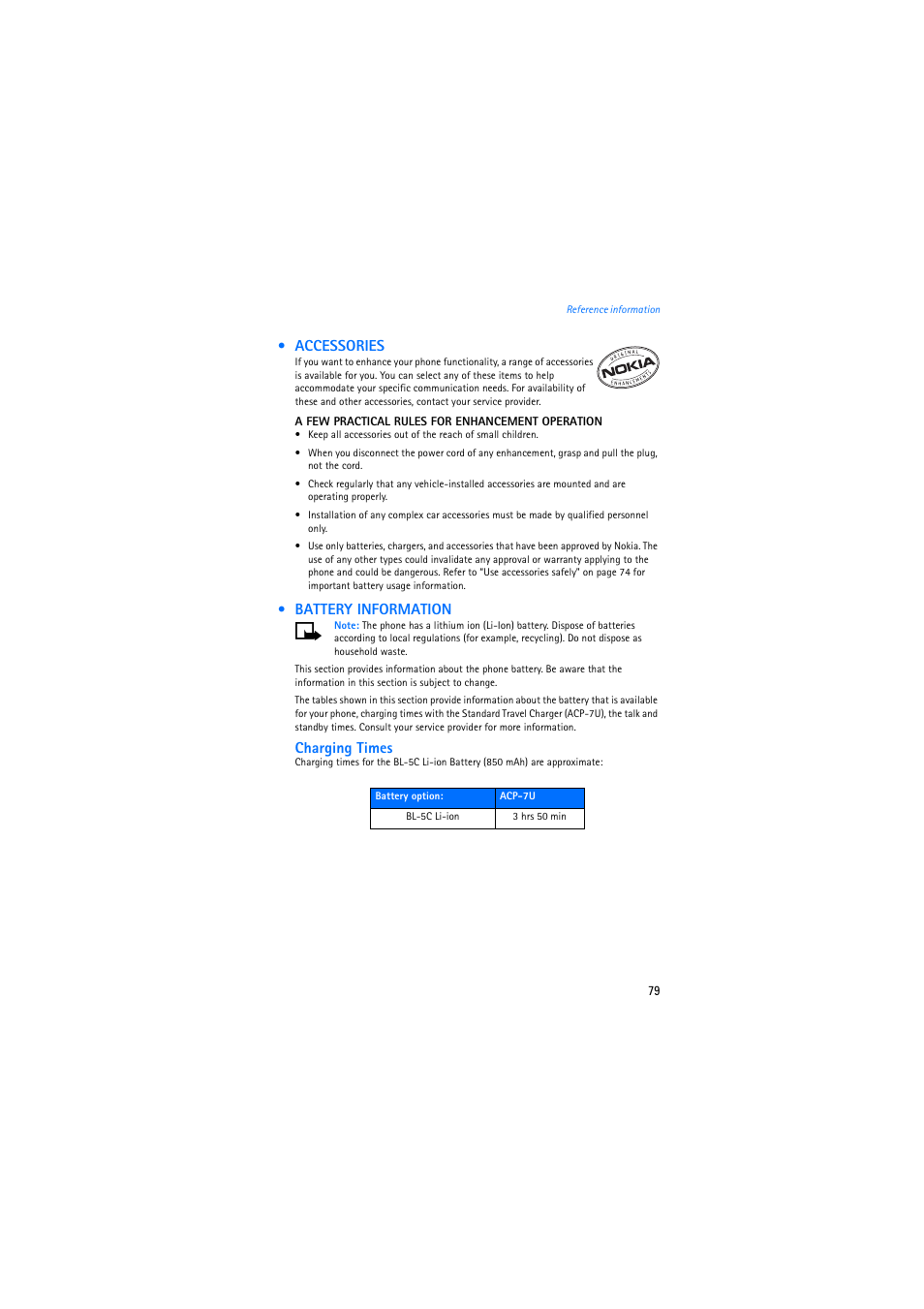 Accessories, Battery information | Nokia 2275 User Manual | Page 79 / 87