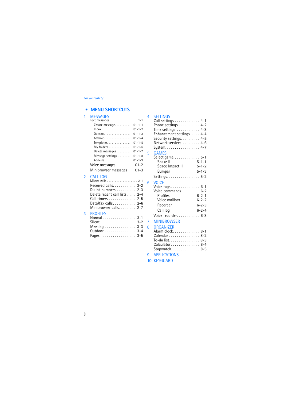 Menu shortcuts | Nokia 2275 User Manual | Page 8 / 87