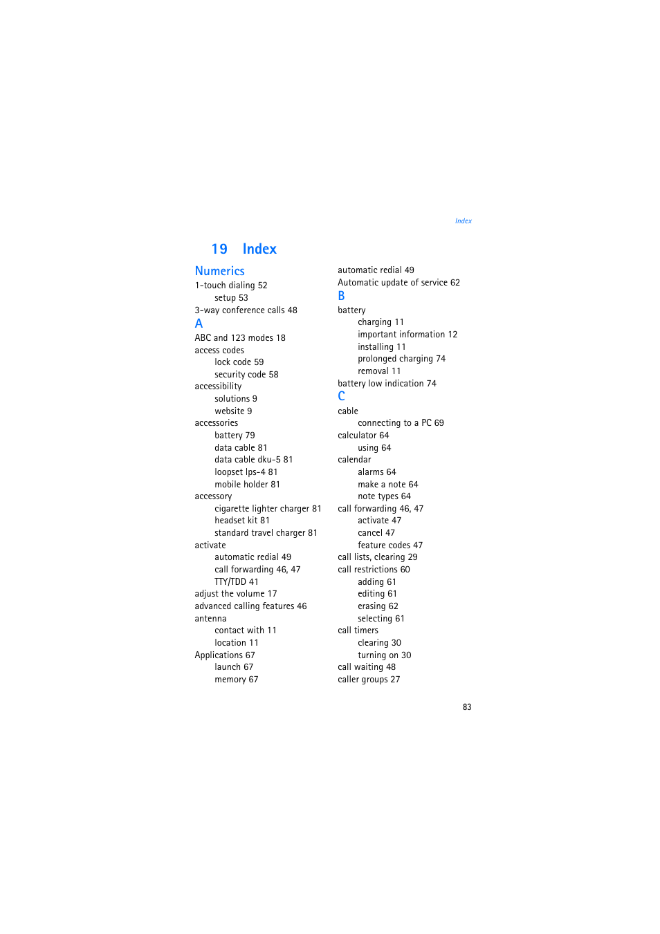 19 index, Numerics | Nokia 2275 User Manual | Page 83 / 87