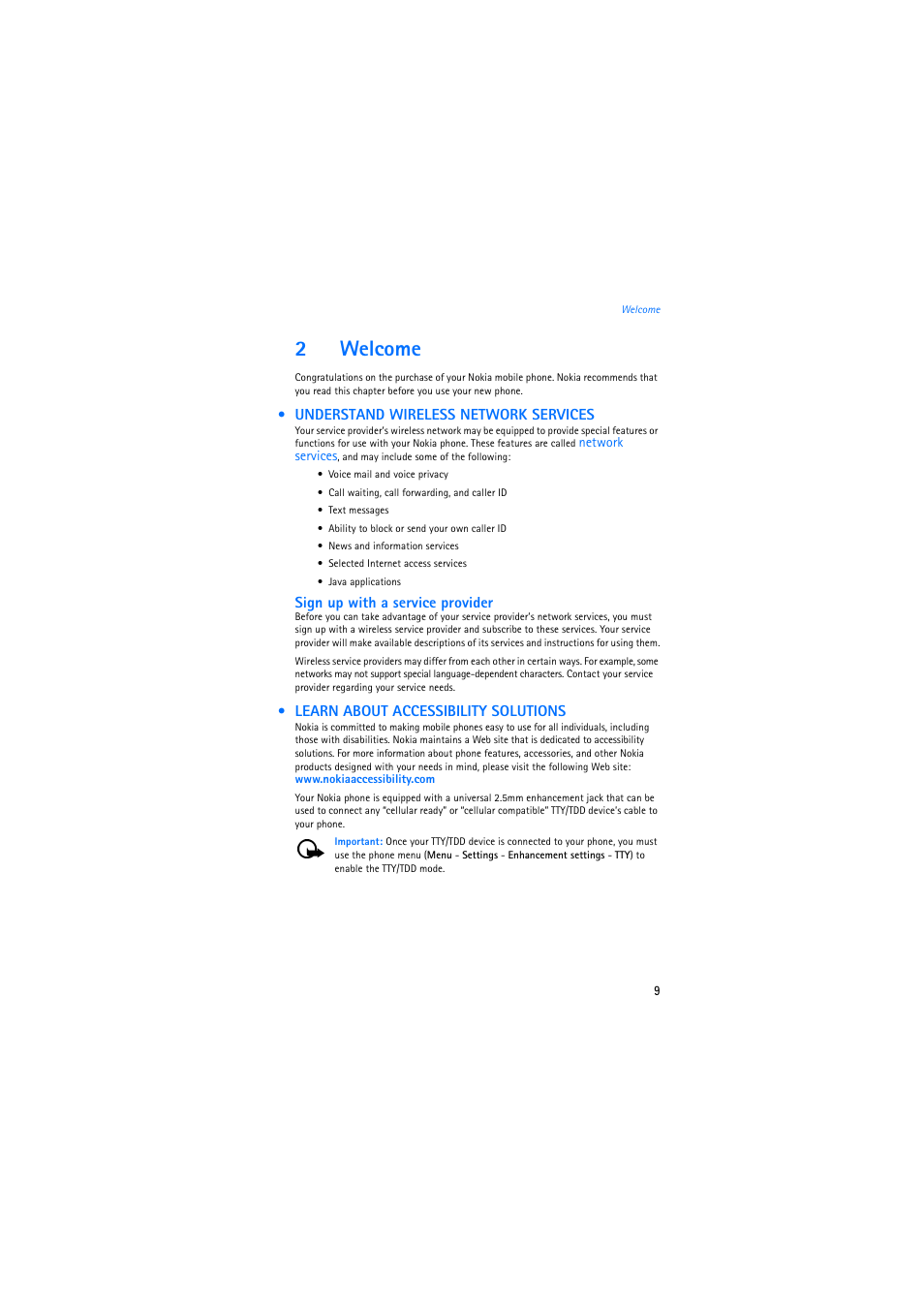 2 welcome, Understand wireless network services, Learn about accessibility solutions | 2welcome | Nokia 2275 User Manual | Page 9 / 87