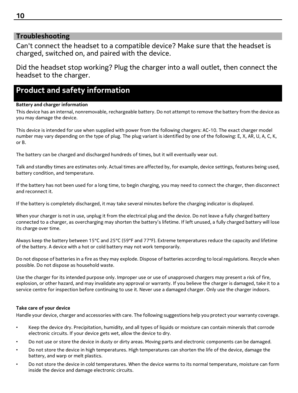 Troubleshooting, Product and safety information, Battery and charger information | Take care of your device | Nokia BH-221 User Manual | Page 10 / 12