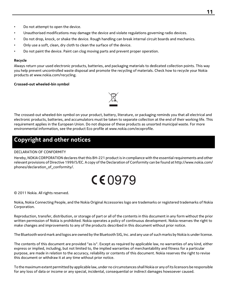 Recycle, Crossed-out wheeled-bin symbol, Copyright and other notices | Nokia BH-221 User Manual | Page 11 / 12