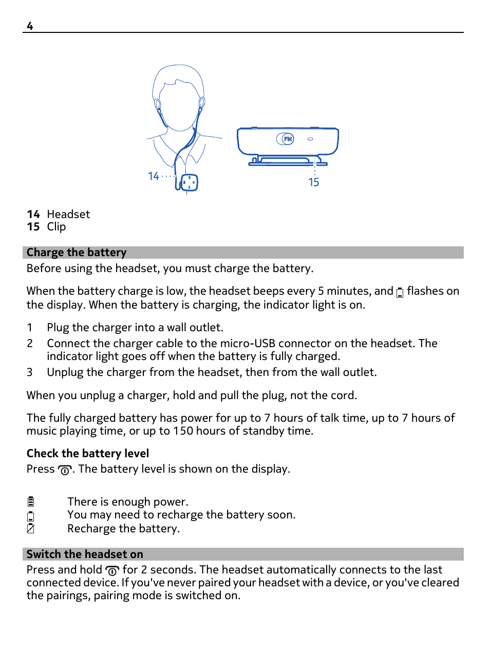 Charge the battery, Switch the headset on | Nokia BH-221 User Manual | Page 4 / 12