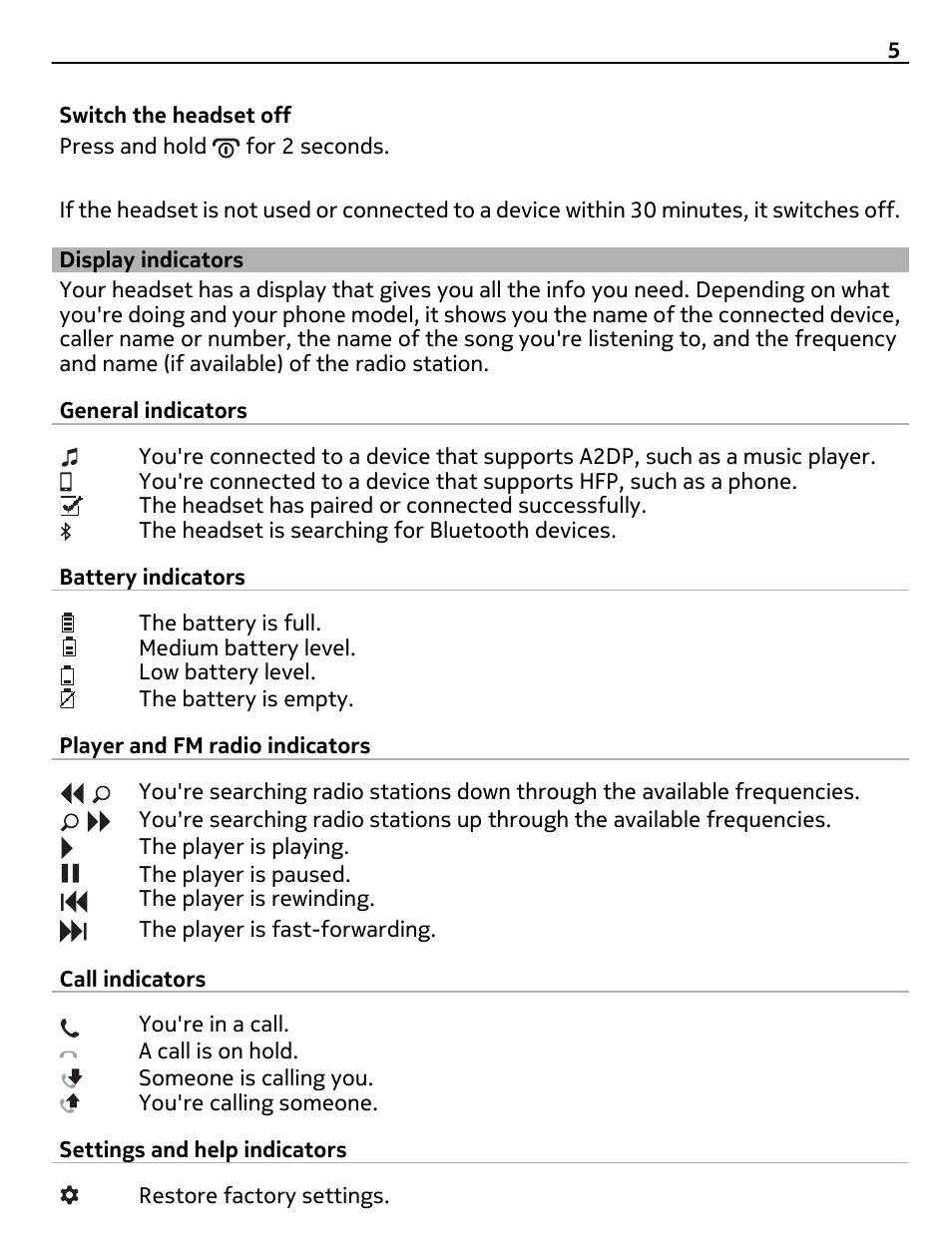 Display indicators | Nokia BH-221 User Manual | Page 5 / 12