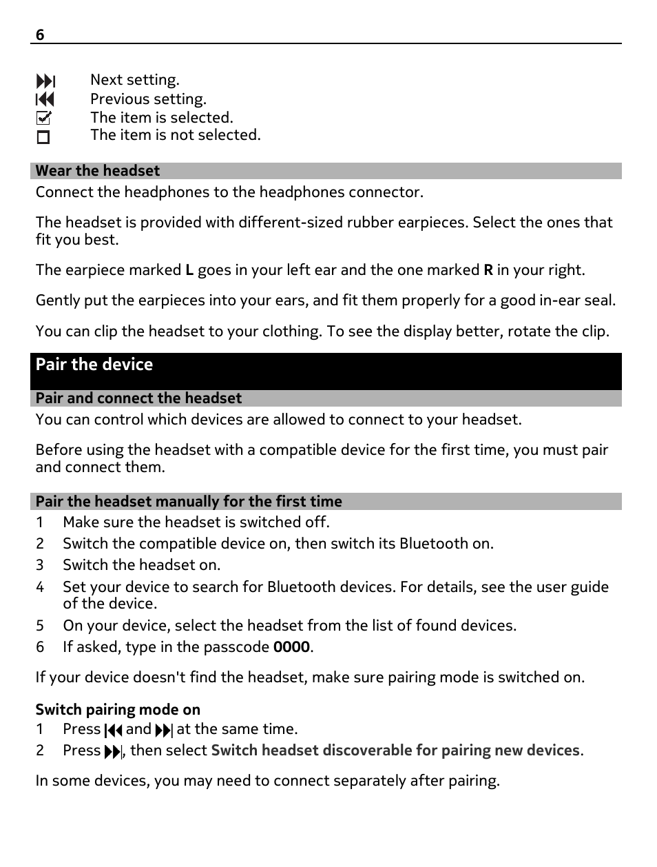 Wear the headset, Pair the device, Pair and connect the headset | Pair the headset manually for the first time | Nokia BH-221 User Manual | Page 6 / 12