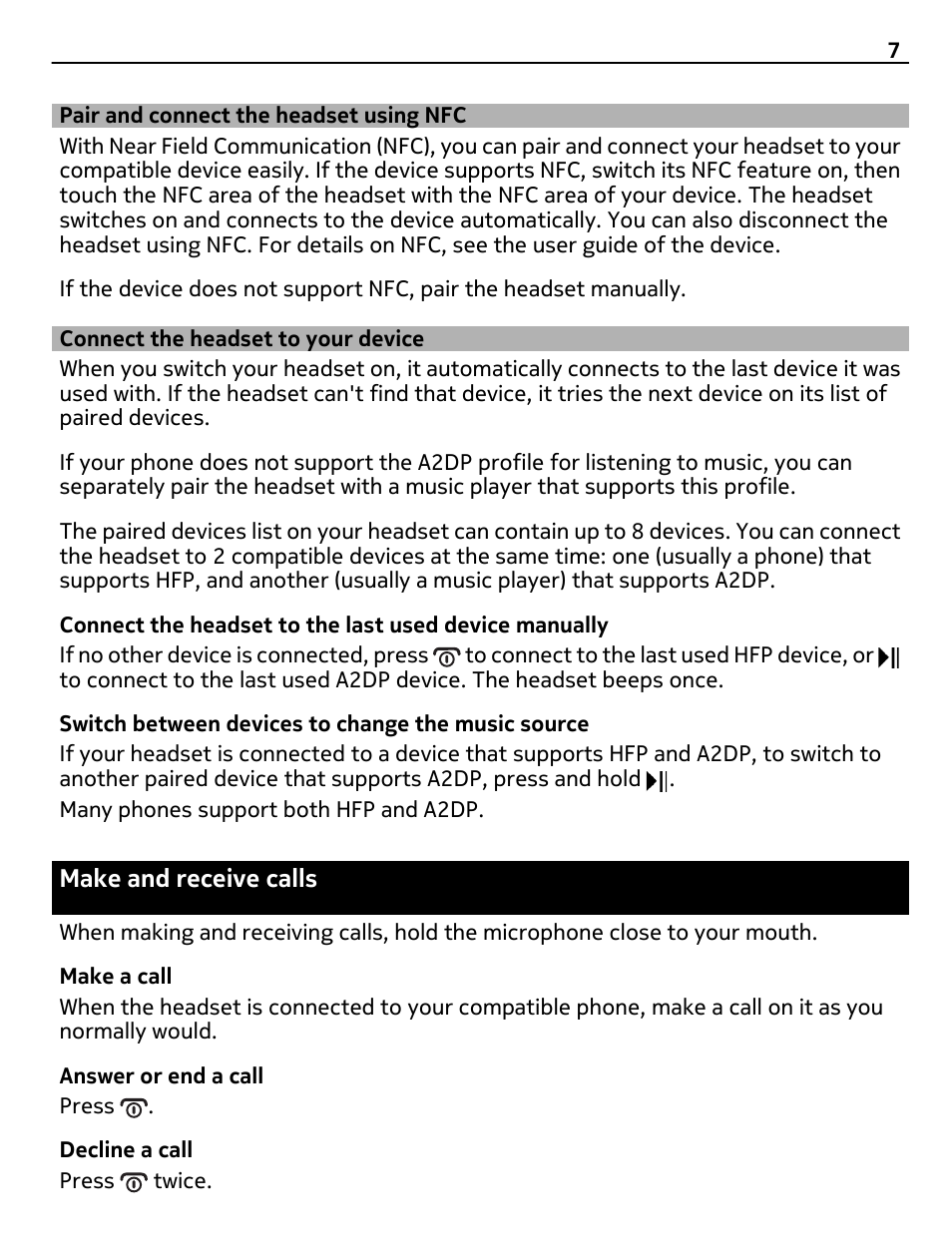 Pair and connect the headset using nfc, Connect the headset to your device, Make and receive calls | Nokia BH-221 User Manual | Page 7 / 12