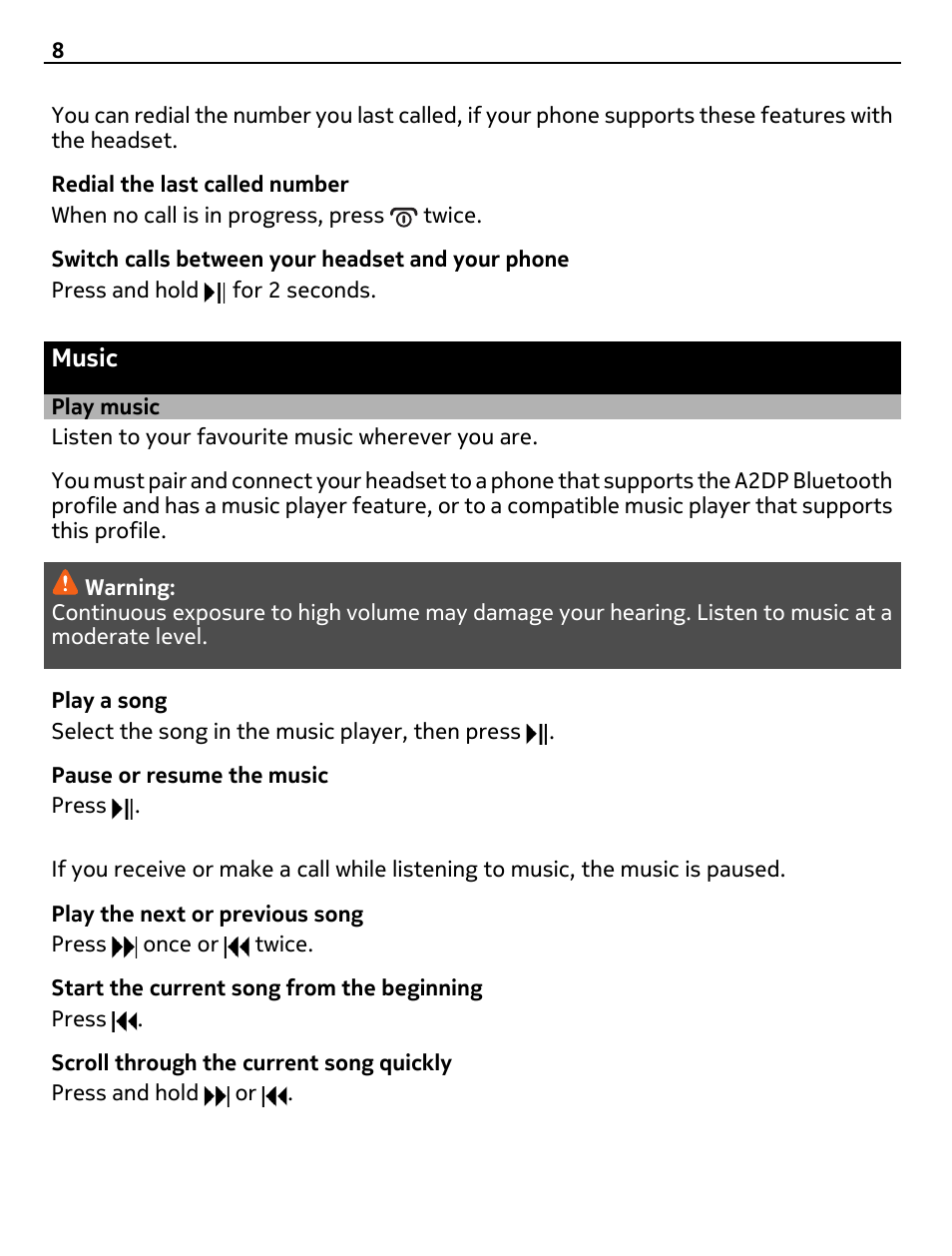 Music, Play music | Nokia BH-221 User Manual | Page 8 / 12