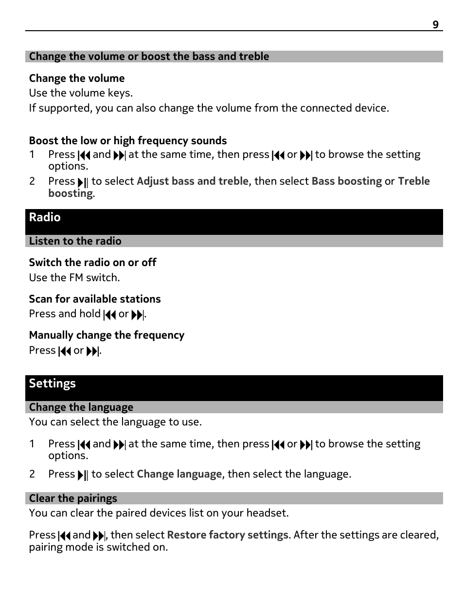 Change the volume or boost the bass and treble, Radio, Listen to the radio | Settings, Change the language, Clear the pairings | Nokia BH-221 User Manual | Page 9 / 12