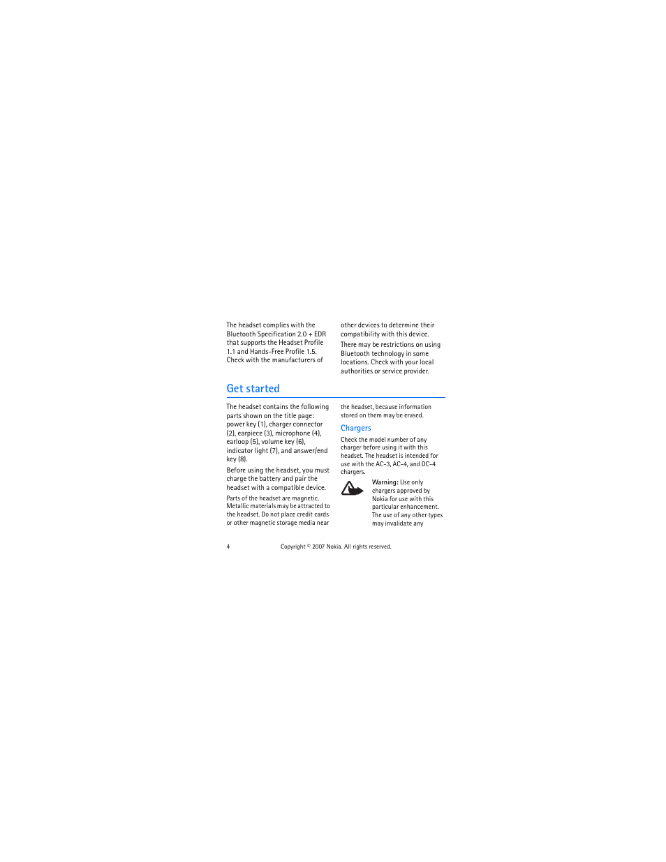Get started, Chargers | Nokia BH-303 User Manual | Page 4 / 38