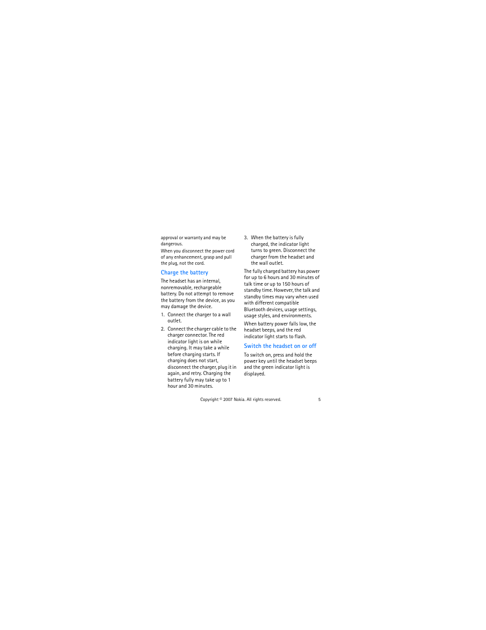 Charge the battery, Switch the headset on or off | Nokia BH-303 User Manual | Page 5 / 38