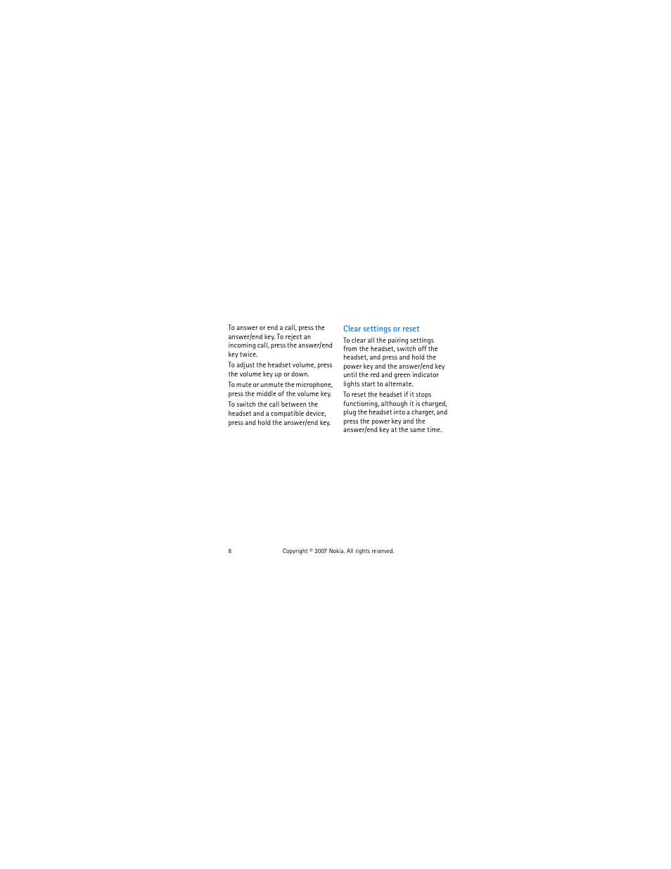 Clear settings or reset | Nokia BH-303 User Manual | Page 8 / 38