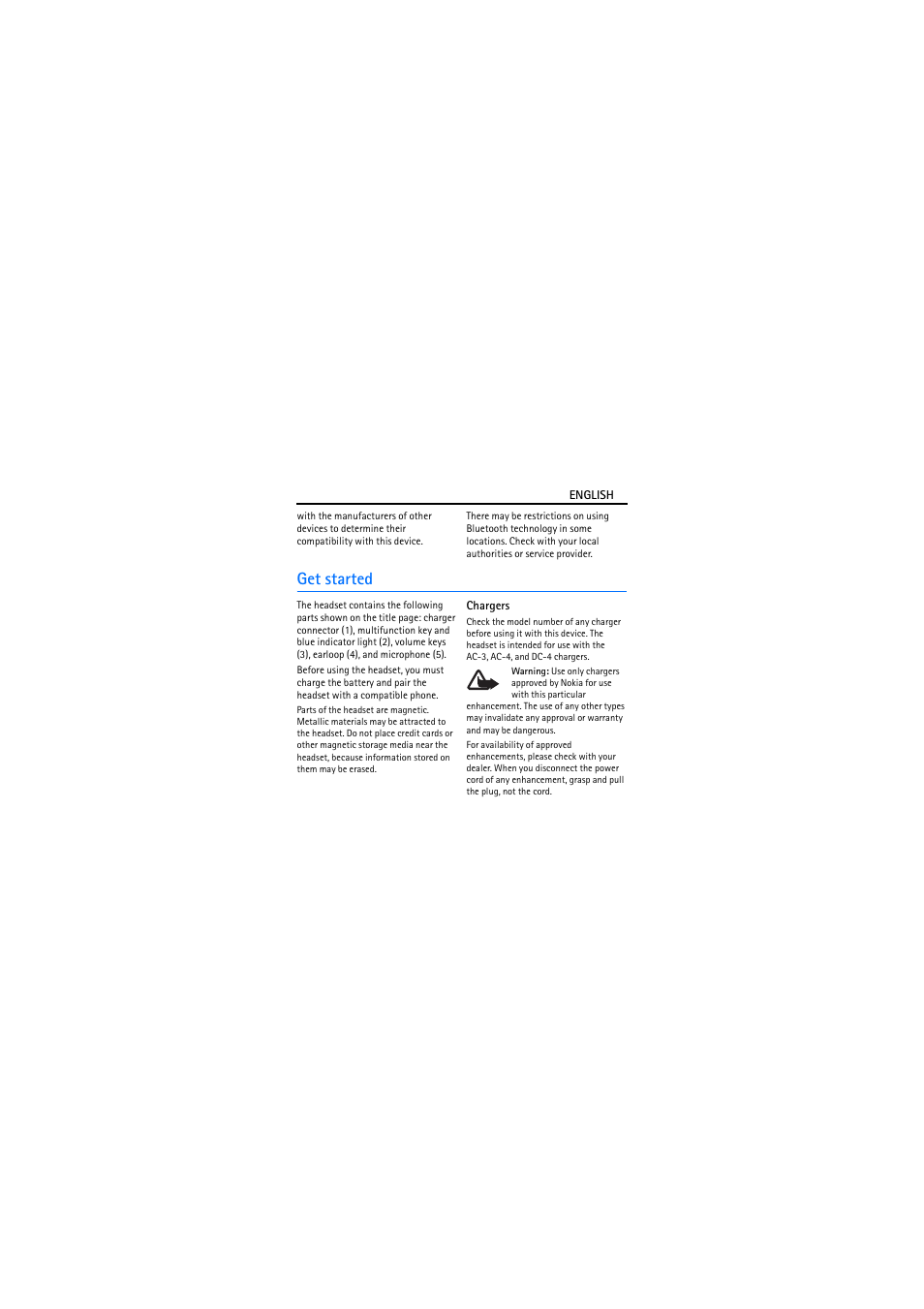 Get started, Chargers | Nokia BH-206 User Manual | Page 4 / 9