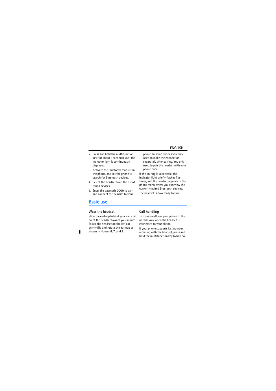 Basic use, Wear the headset, Call handling | Nokia BH-206 User Manual | Page 6 / 9