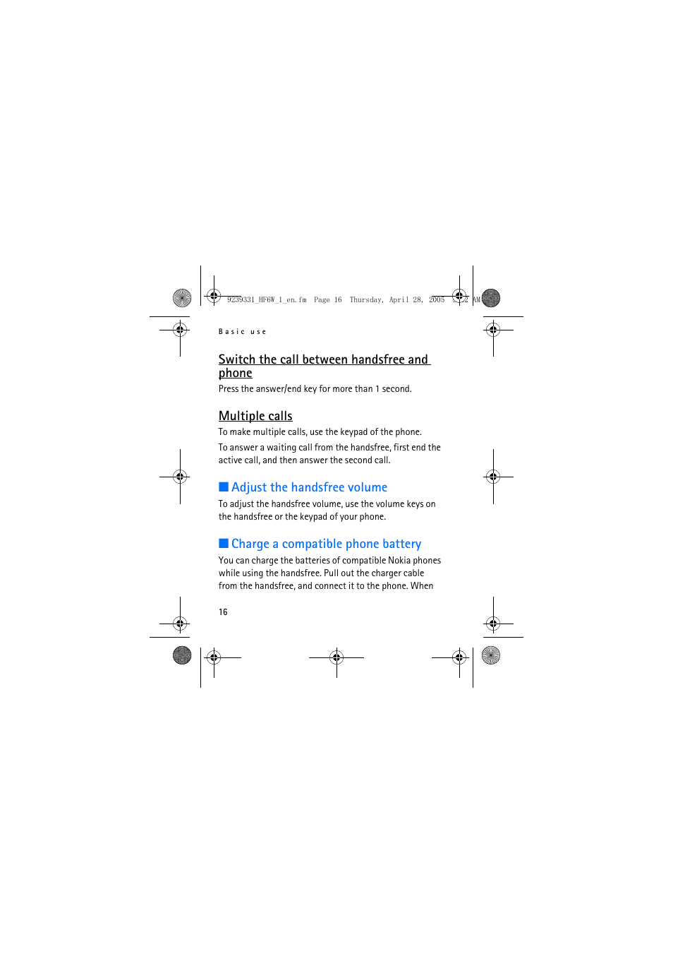 Switch the call between handsfree and phone, Multiple calls, Adjust the handsfree volume | Charge a compatible phone battery | Nokia Wireless Plug-in Car Handsfree 9239331 User Manual | Page 16 / 24