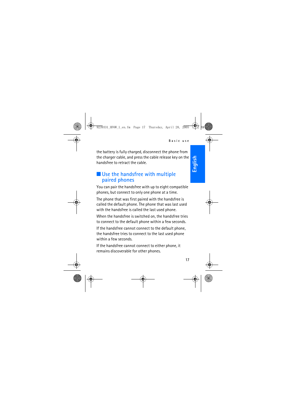 Eng lish, Use the handsfree with multiple paired phones | Nokia Wireless Plug-in Car Handsfree 9239331 User Manual | Page 17 / 24