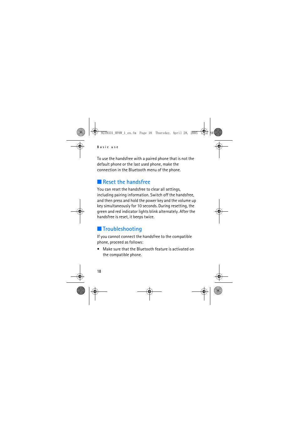 Reset the handsfree, Troubleshooting | Nokia Wireless Plug-in Car Handsfree 9239331 User Manual | Page 18 / 24