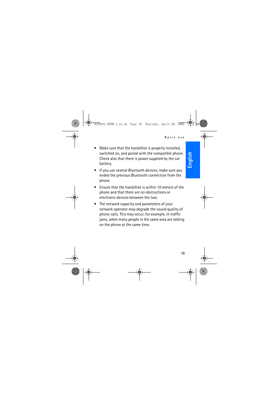 Eng lish | Nokia Wireless Plug-in Car Handsfree 9239331 User Manual | Page 19 / 24