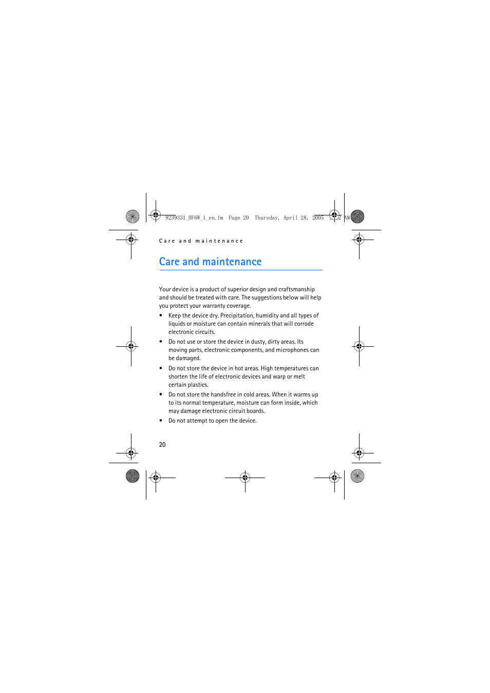 Care and maintenance | Nokia Wireless Plug-in Car Handsfree 9239331 User Manual | Page 20 / 24