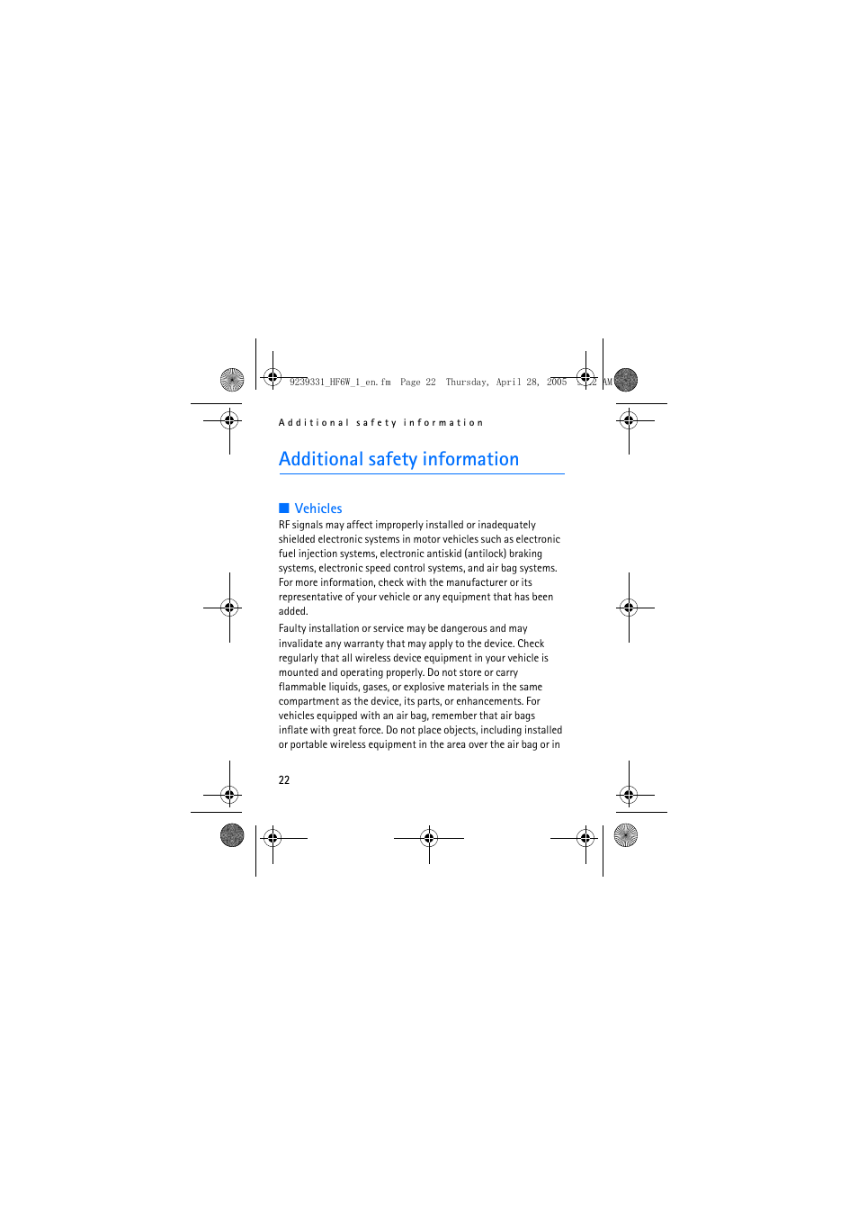 Additional safety information | Nokia Wireless Plug-in Car Handsfree 9239331 User Manual | Page 22 / 24