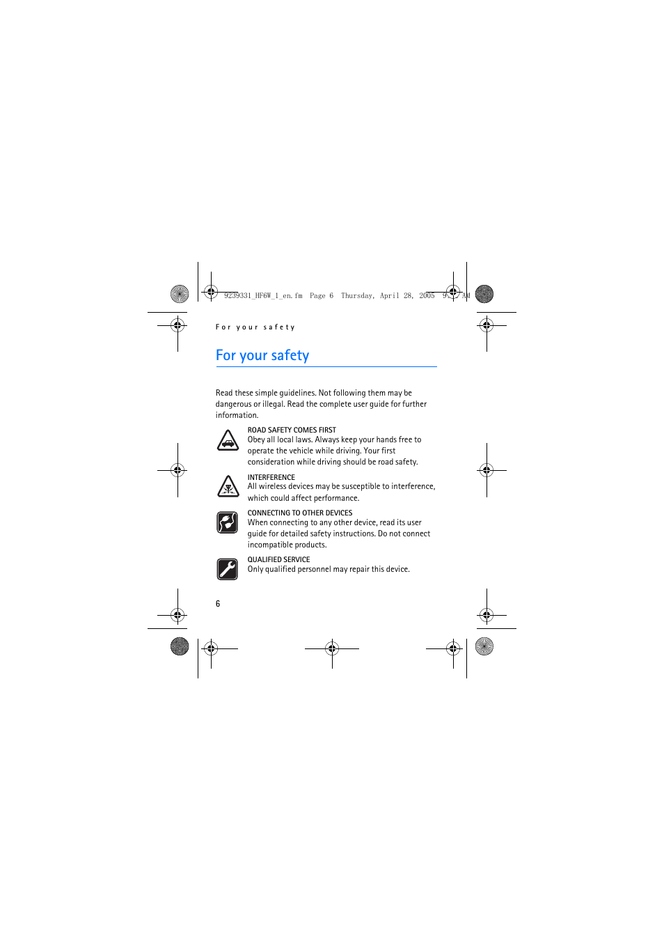 For your safety | Nokia Wireless Plug-in Car Handsfree 9239331 User Manual | Page 6 / 24