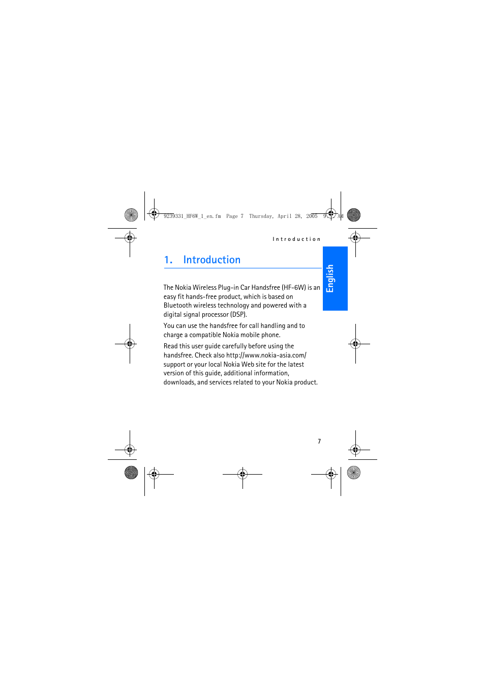 Introduction | Nokia Wireless Plug-in Car Handsfree 9239331 User Manual | Page 7 / 24