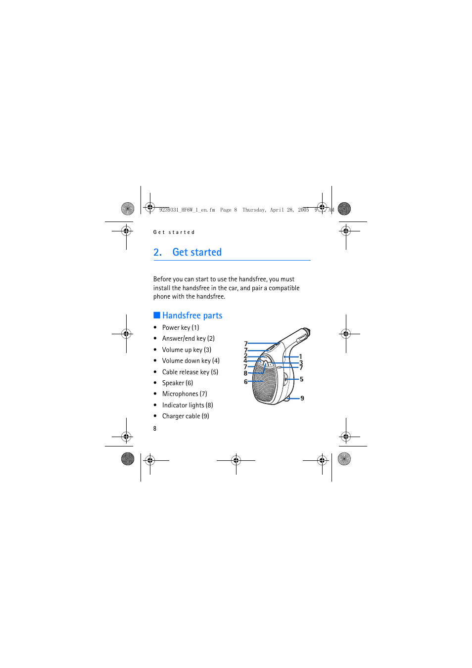 Get started, Handsfree parts | Nokia Wireless Plug-in Car Handsfree 9239331 User Manual | Page 8 / 24