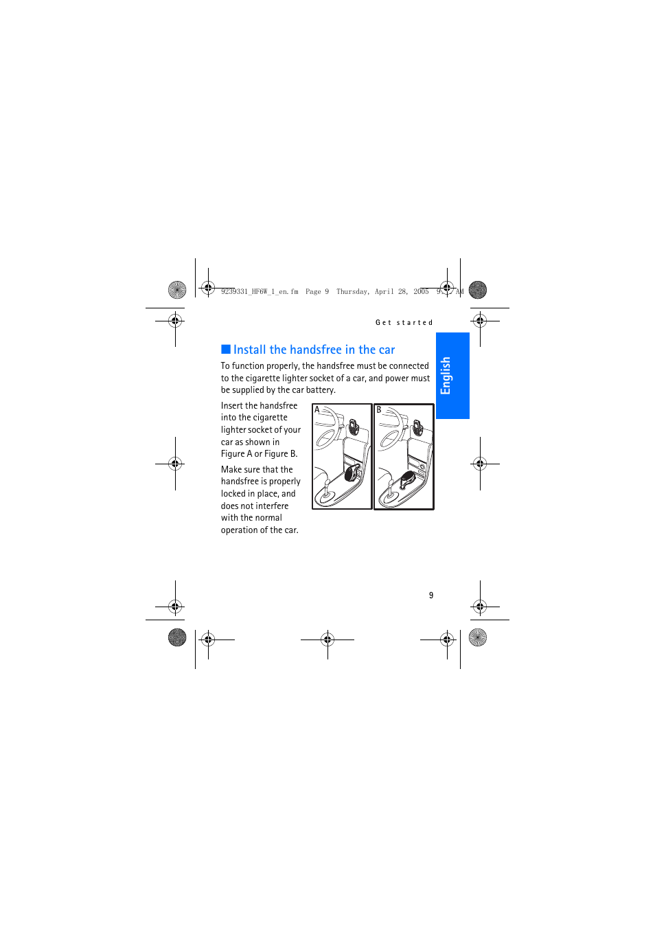 Eng lish ■ install the handsfree in the car | Nokia Wireless Plug-in Car Handsfree 9239331 User Manual | Page 9 / 24