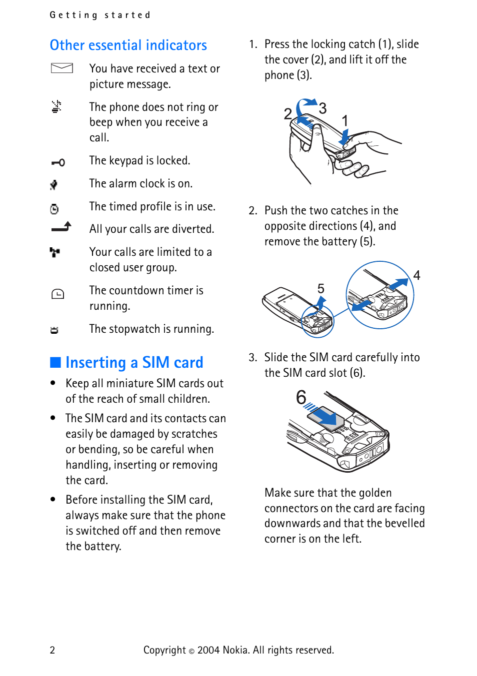 Other essential indicators, Inserting a sim card | Nokia 3315 User Manual | Page 11 / 50