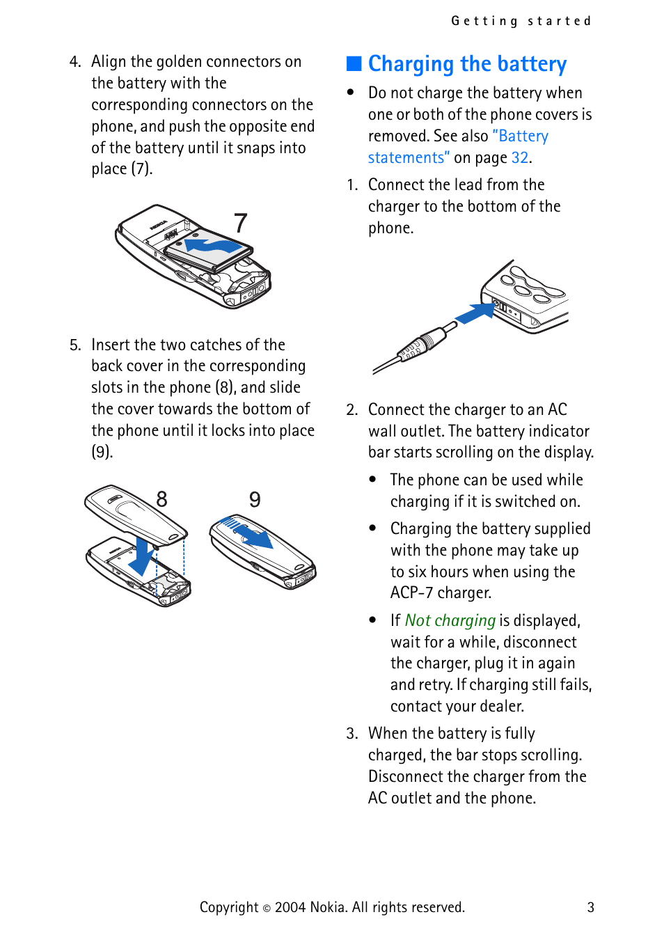 Charging the battery | Nokia 3315 User Manual | Page 12 / 50