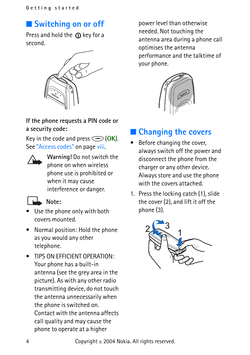 Switching on or off, Changing the covers, Switching on or off changing the covers | Nokia 3315 User Manual | Page 13 / 50