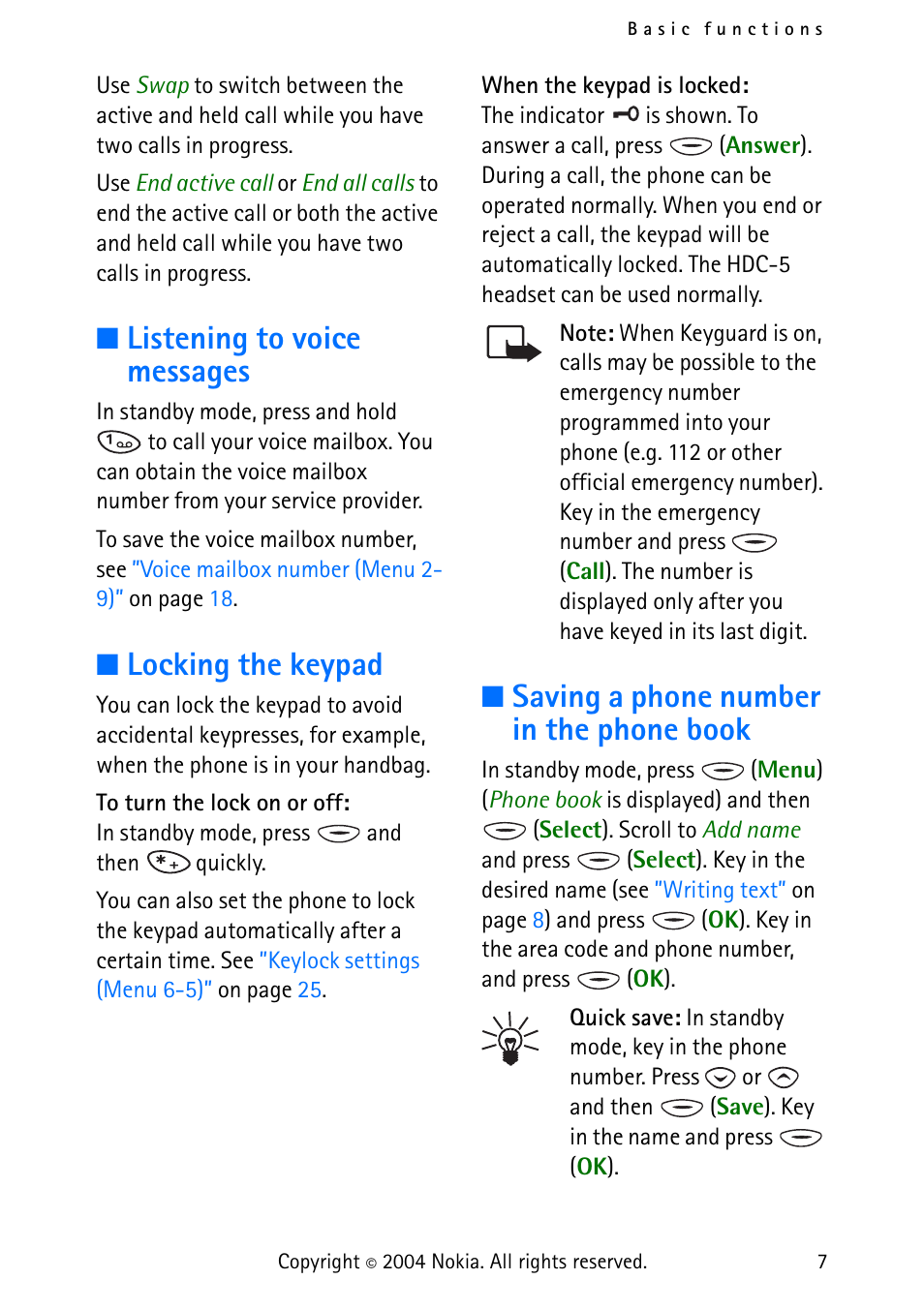 Listening to voice messages, Locking the keypad, Saving a phone number in the phone book | Nokia 3315 User Manual | Page 16 / 50
