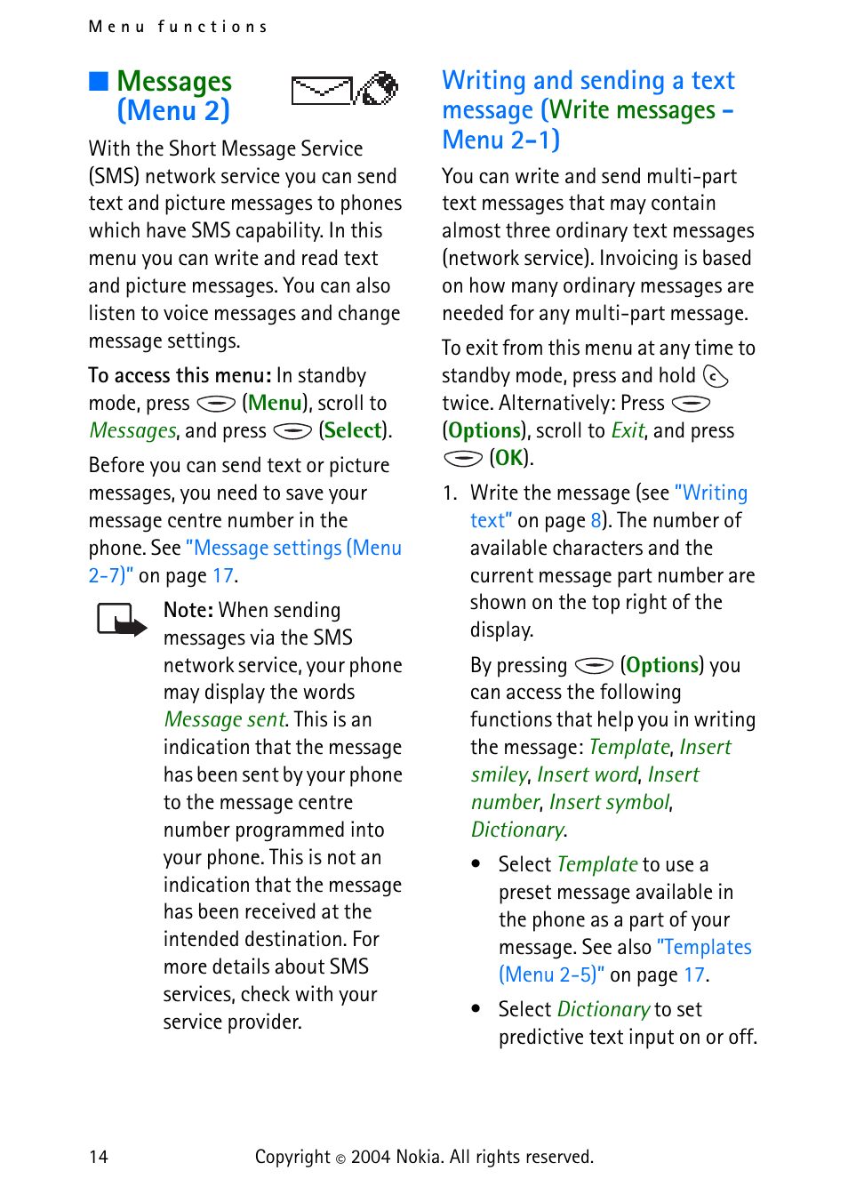 Messages (menu 2), And reminder notes | Nokia 3315 User Manual | Page 23 / 50
